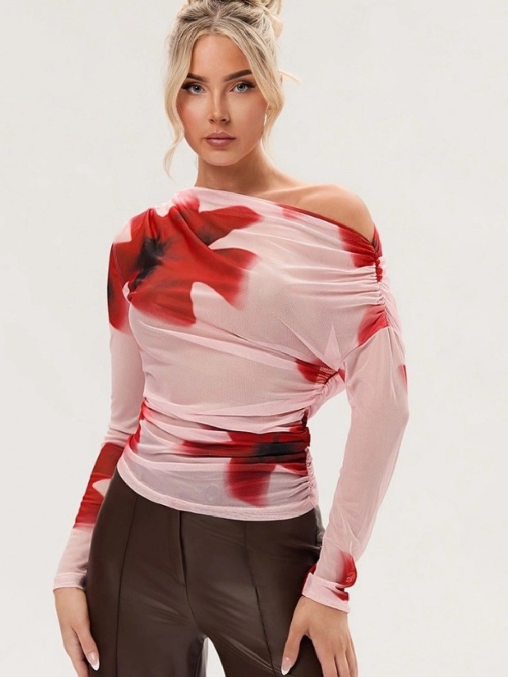 Micas Summer Mesh One Shoulder Long Sleeve pleated Floral Print Ladies Top